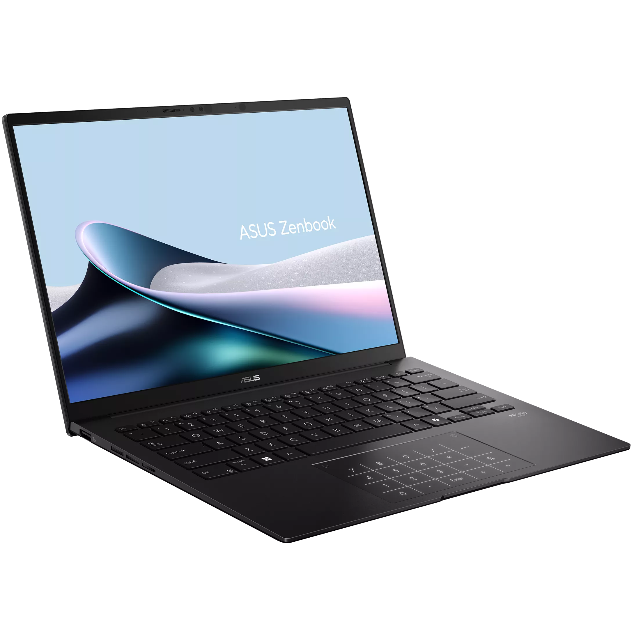Three-quarter angled view of the open ASUS Zenbook 14 UM3406HA laptop showing the display screen wallpaper and illuminated touchpad numeric keypad.