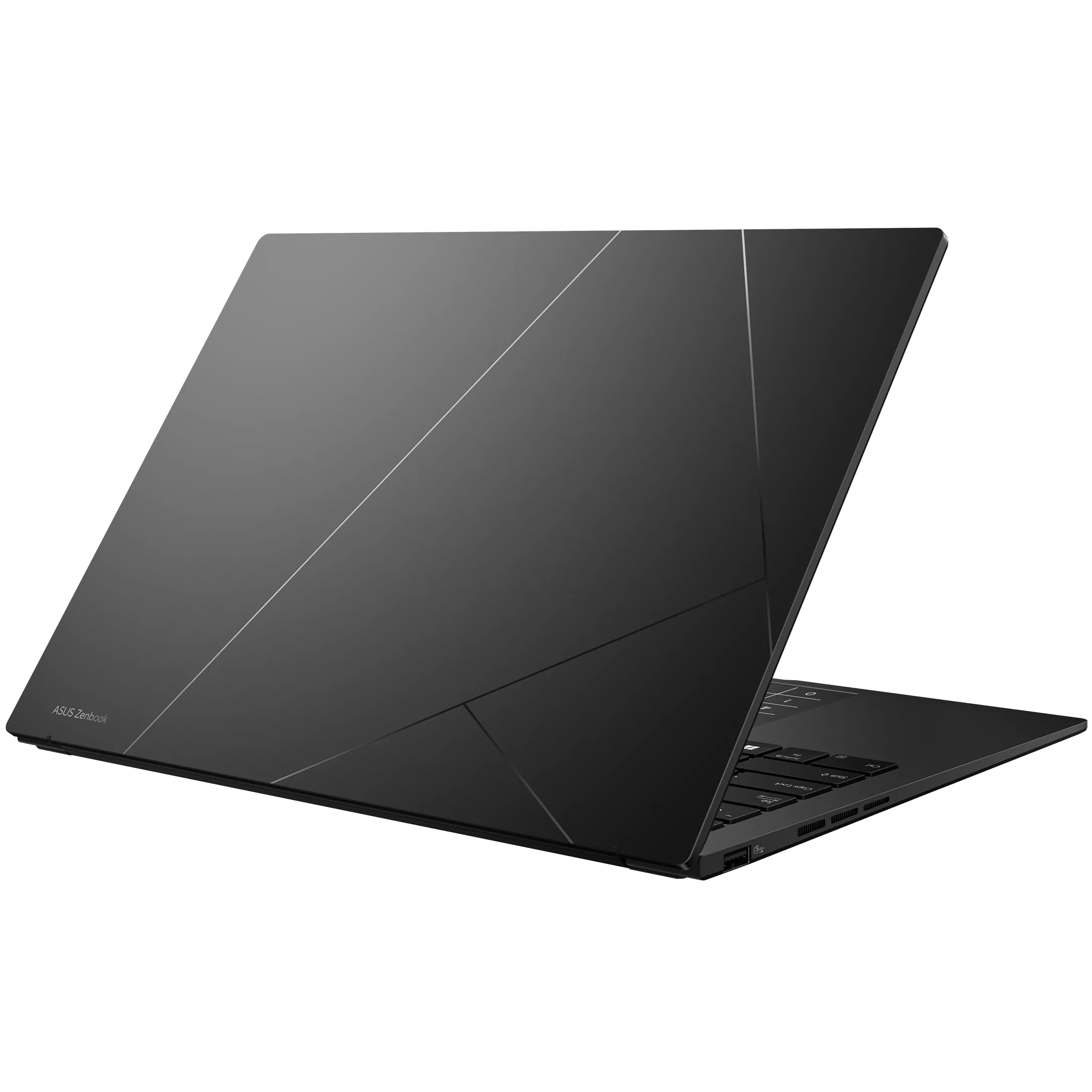 Rear perspective view of the ASUS Zenbook 14 UM3406HA display lid closed, highlighting the dark metallic finish and linear geometric design.