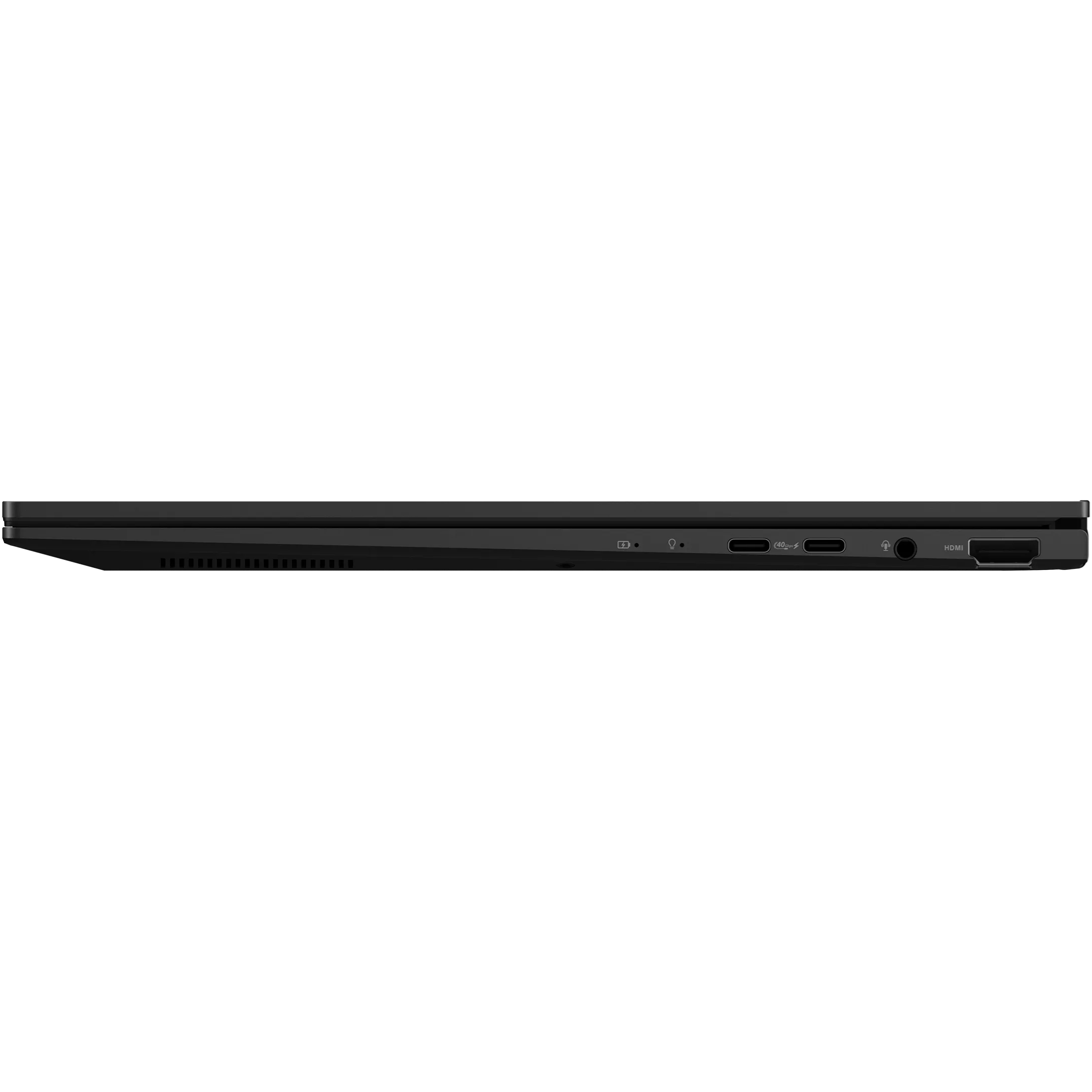 Left side view of the slim ASUS Zenbook 14 UM3406HA showing two USB-C / Thunderbolt ports, 3.5mm audio jack, and HDMI port.