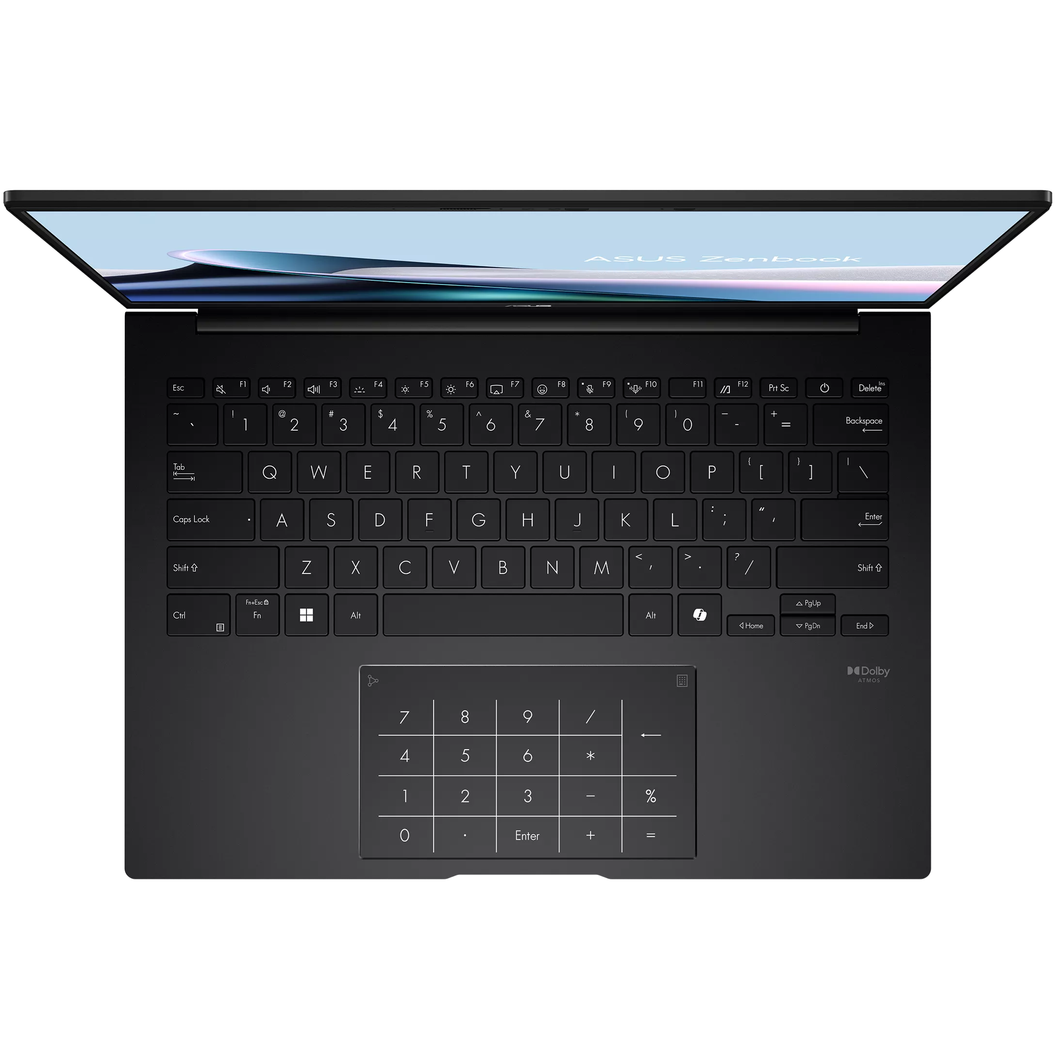 Direct overhead view of the ASUS Zenbook 14 UM3406HA keyboard deck showcasing the illuminated NumberPad touchpad and US keyboard layout.