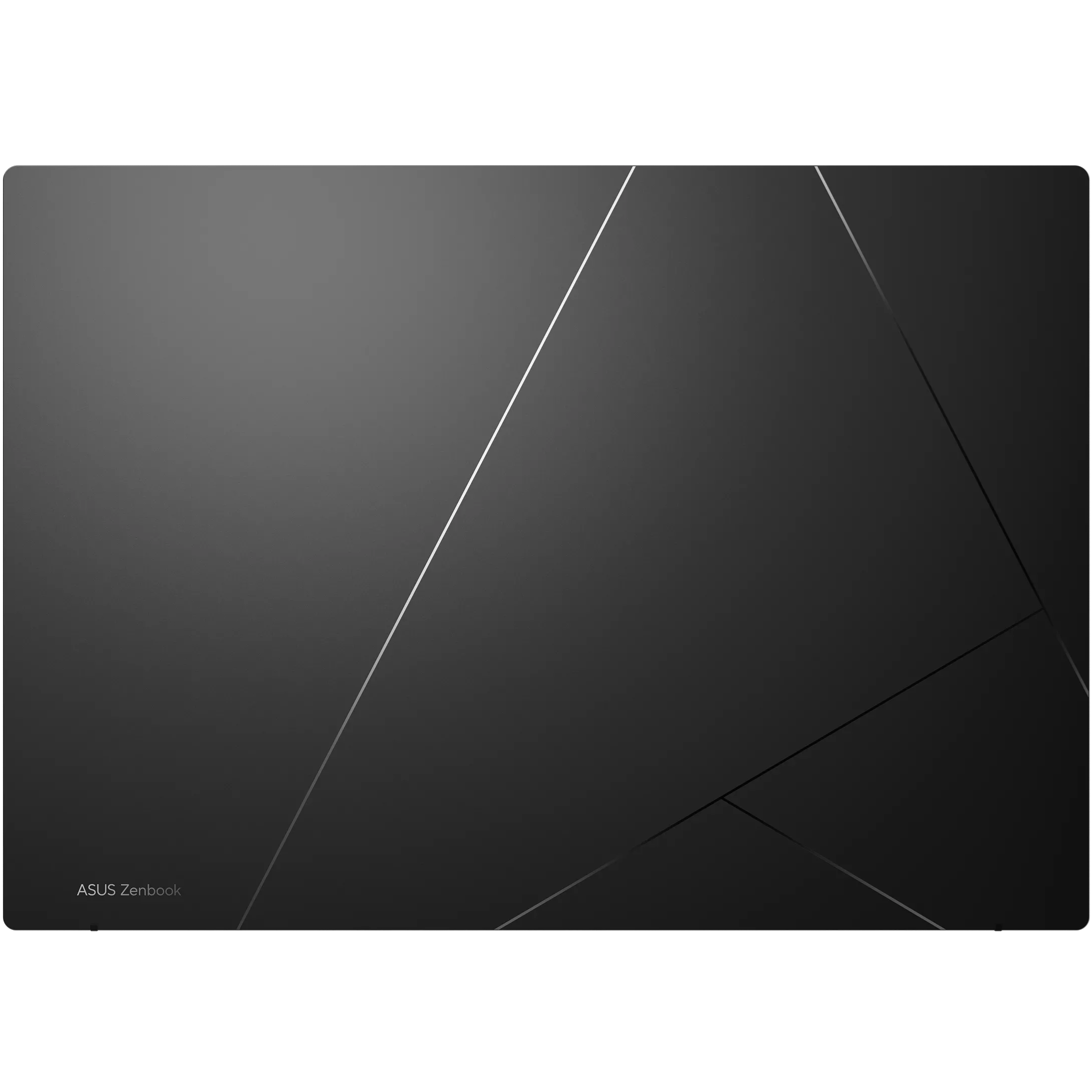 Rear perspective view of the ASUS Zenbook 14 UM3406HA display lid closed, highlighting the dark metallic finish and linear geometric design.