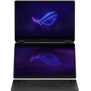 Direct front view of the vertically stacked dual OLED screens displaying the ROG logo with the detached keyboard below.