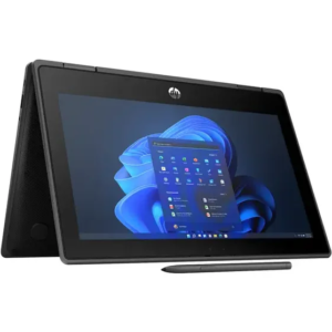 Open HP x360 Pro Fortis viewed from an isometric angle on a white background.