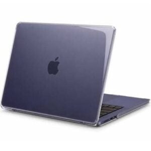 Transparent Hardshell Case for MacBook Neo A3404 placed on a indigo macbook neo viewed from an isometric angle on a white background.