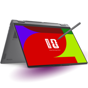 Open Lenovo Yoga 7 viewed from an isometric angle on a white background.