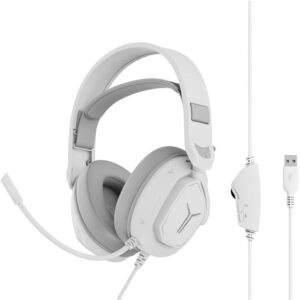 White Lenovo Legion R360 Wired Gaming Headset viewed from an isometric angle on a white background.