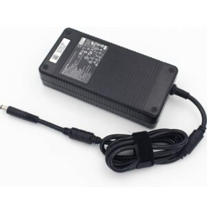 Black original Dell 330W AC power adapter brick featuring safety certification labels, bottom rubber feet, and bundled DC power cable with a 7.4x5.0mm barrel connector with a center pin.