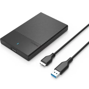 Black Lenovo Thinkplus 2.5-inch hard drive enclosure featuring a diagonal textured top casing, blue LED indicator light, and an included USB cable with a blue USB Type-A connector.