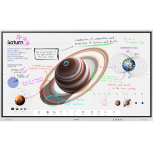 Samsung Interactive Flip 3 depicting an explanation of the structure of saturn and surrounding planets viewed from the front on a white background.