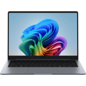 Front view of the open Samsung Galaxy Book 6 laptop displaying Windows 11 wallpaper, compact keyboard, and centered trackpad.