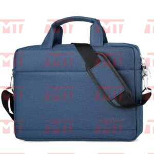 Blue slim laptop shoulder briefcase bag featuring top carry handles, a padded adjustable shoulder strap, front zippered accent pocket, and TechnoMedia Trade branding.