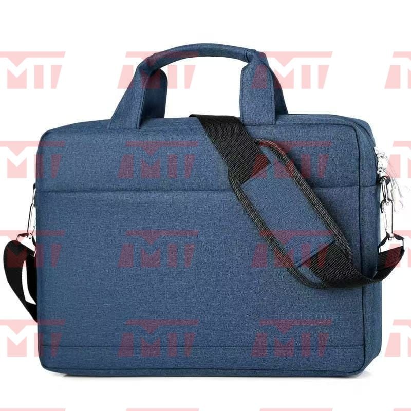 Blue slim laptop shoulder briefcase bag featuring top carry handles, a padded adjustable shoulder strap, front zippered accent pocket, and TechnoMedia Trade branding.