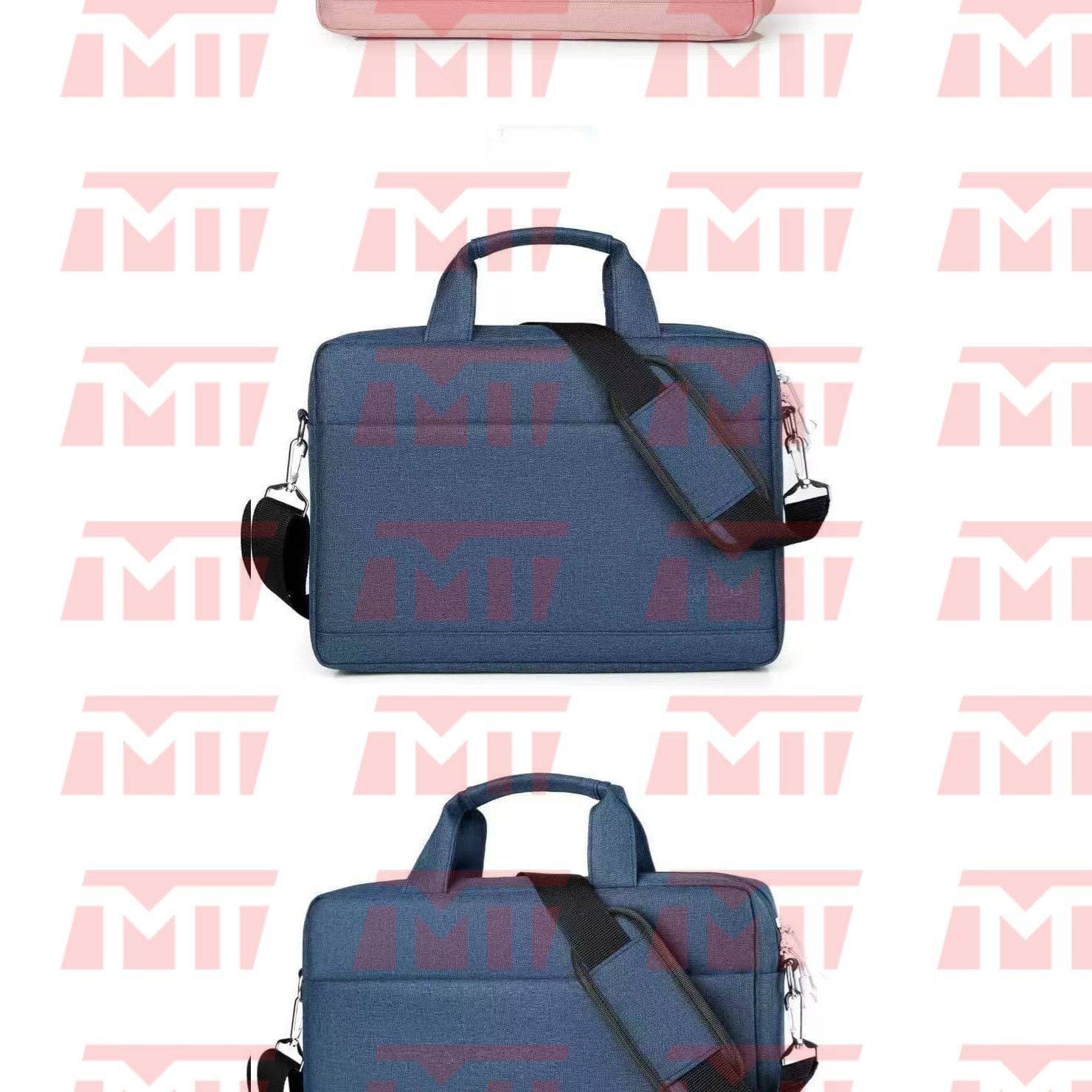Front view of the blue slim laptop shoulder bag shown with top carry handles and detachable shoulder strap.