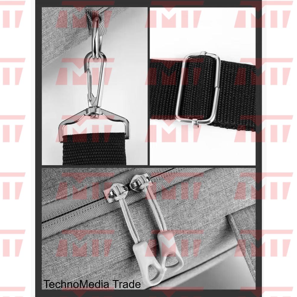 Close-up shot showing metal hardware clips, adjustable strap buckle, and dual smooth zippers.