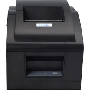 Direct front view of the printer in its closed operational state, showing the blue Xprinter logo badge, receipt output slot, and lower LED control panel with feed button.