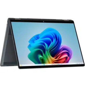 Front perspective view of the HP OmniBook Ultra Flip 14 x360 set up in tent mode on a white background, highlighting its 360-degree hinges and touchscreen display.