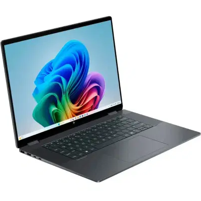 Angled front view of the HP OmniBook Ultra Flip 14 x360 laptop in Dark Ash Silver, open in standard notebook mode displaying a vibrant Windows 11 desktop wallpaper, slim bezels, island-style keyboard, and a large precision touchpad.