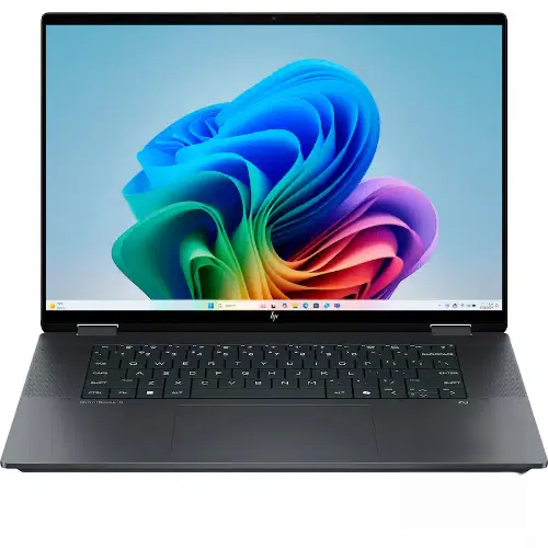 Direct overhead front-facing view of the open HP OmniBook Ultra Flip 14 x360 laptop, showcasing the keyboard layout, side speaker grilles, glass touchpad, and Windows 11 desktop environment.