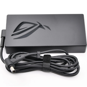 Top-down studio shot of the 150W ASUS ROG power brick featuring the embossed ROG logo, neatly coiled DC cable with a hook-and-loop fastener, and the $6.0 \times 3.7\text{ mm}$ barrel connector tip.