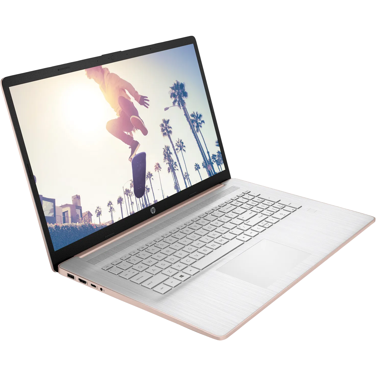 Front-right studio angle displaying the open laptop with a lifestyle wallpaper on the 17.3-inch display, a matching light silver-toned keyboard deck, and the right-side port layout.