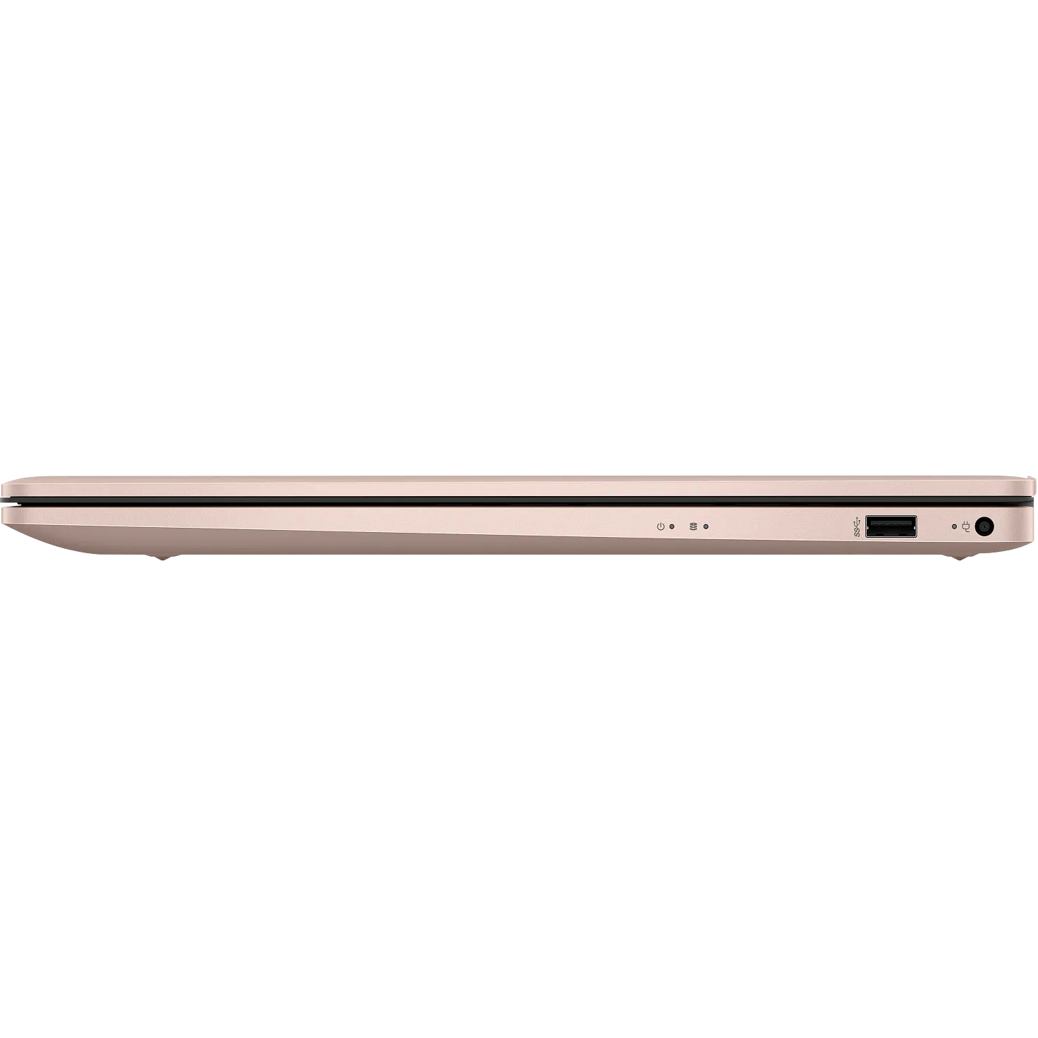 Left profile view of the pale rose gold laptop showing the slim chassis thickness, indicator lights, a USB Type-A port, and the round barrel power input port.