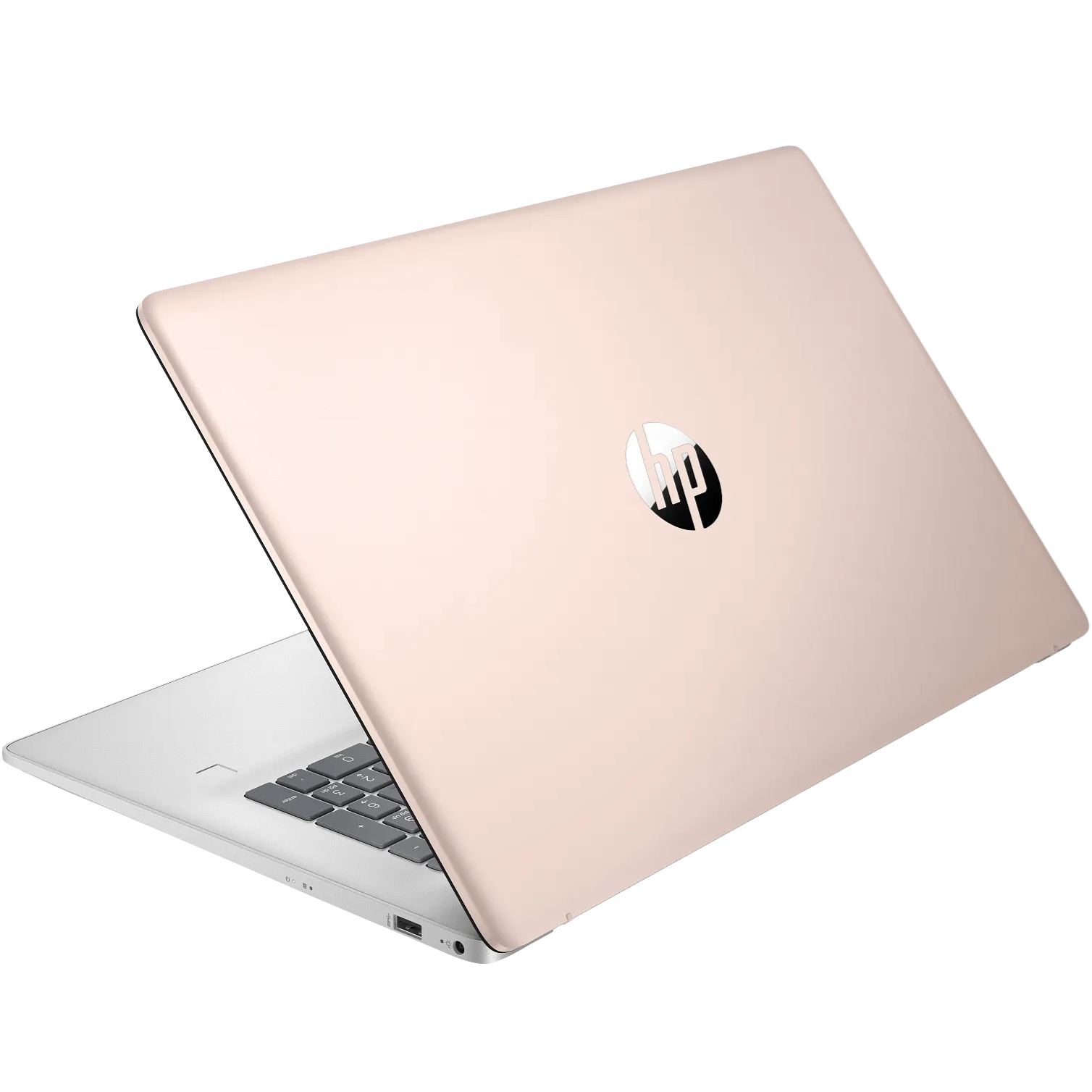 Rear-left perspective highlighting the pale rose gold lid casing, silver hinge design, and the reflective mirror-finish HP logo.