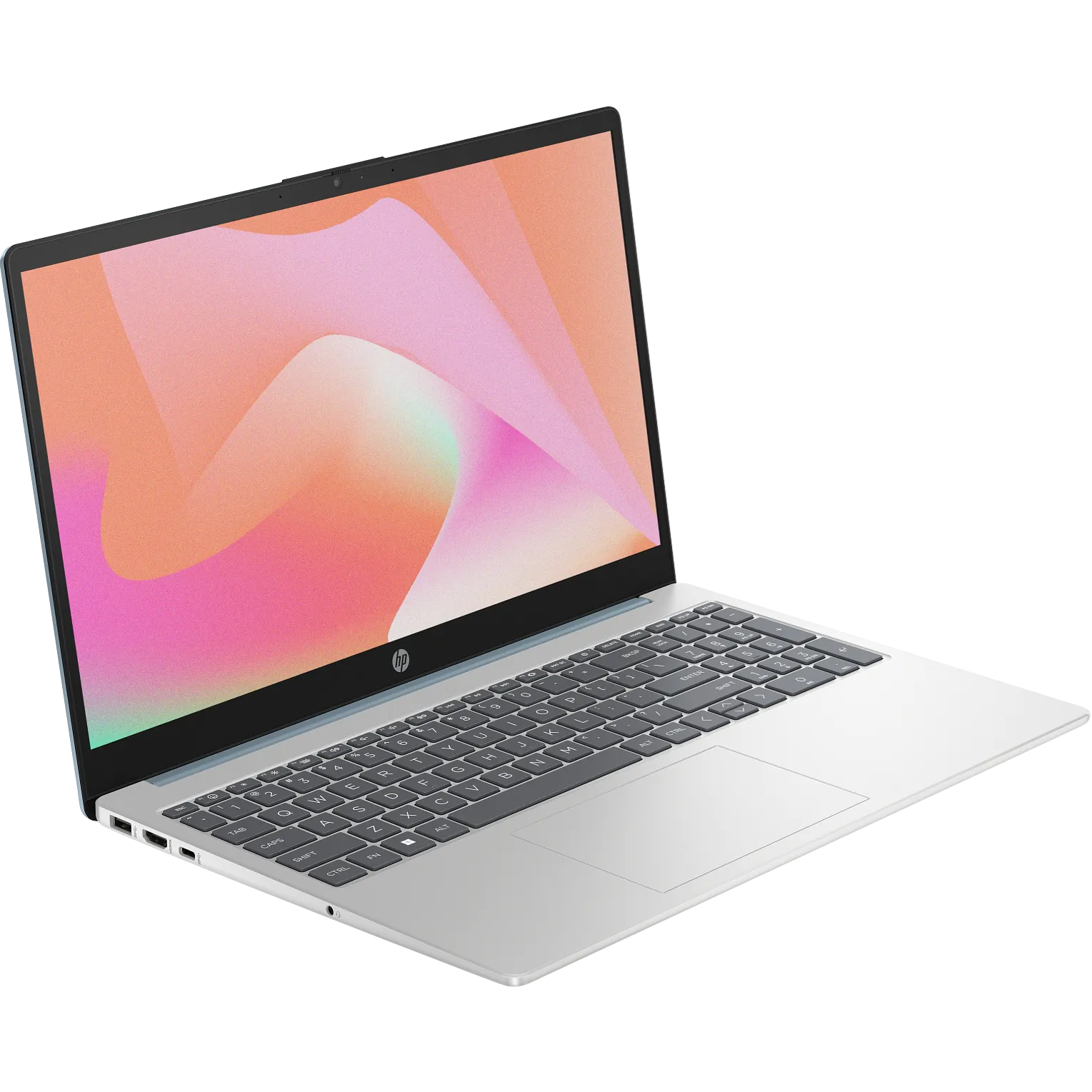 Front-right perspective view displaying the 15.6-inch display, webcam at the top bezel, and the full-size keyboard with a dedicated numeric keypad.
