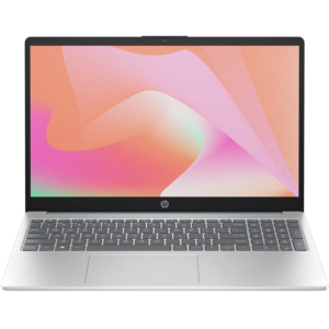 Front view emphasizing the spacious trackpad, keyboard arrangement with number pad, and slim bezels surrounding the display.
