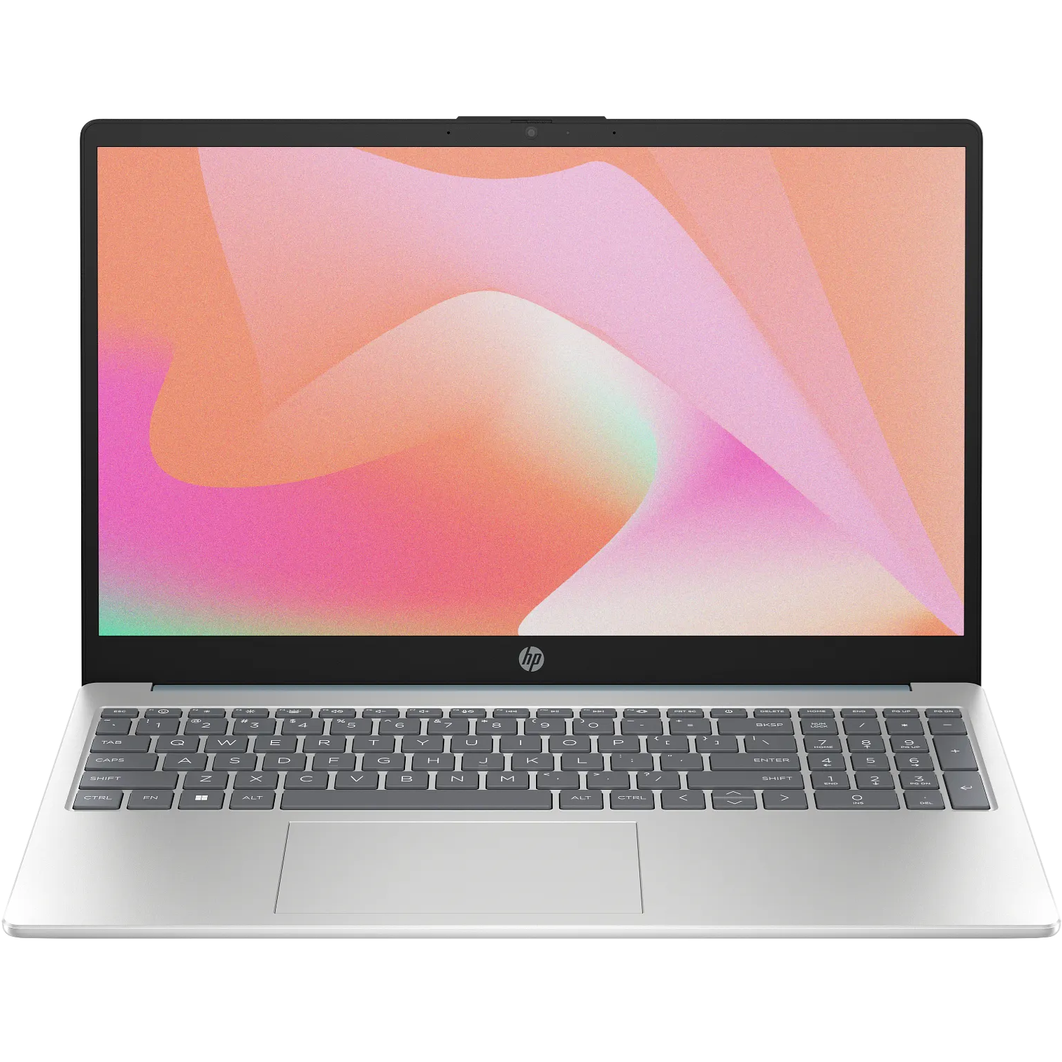 Front view emphasizing the spacious trackpad, keyboard arrangement with number pad, and slim bezels surrounding the display.
