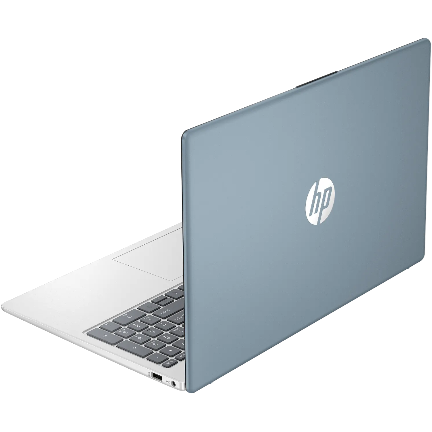 Rear-left angled view showcasing the textured Moonlight Blue lid with the silver HP logo, alongside a portion of the keyboard deck and side ports.