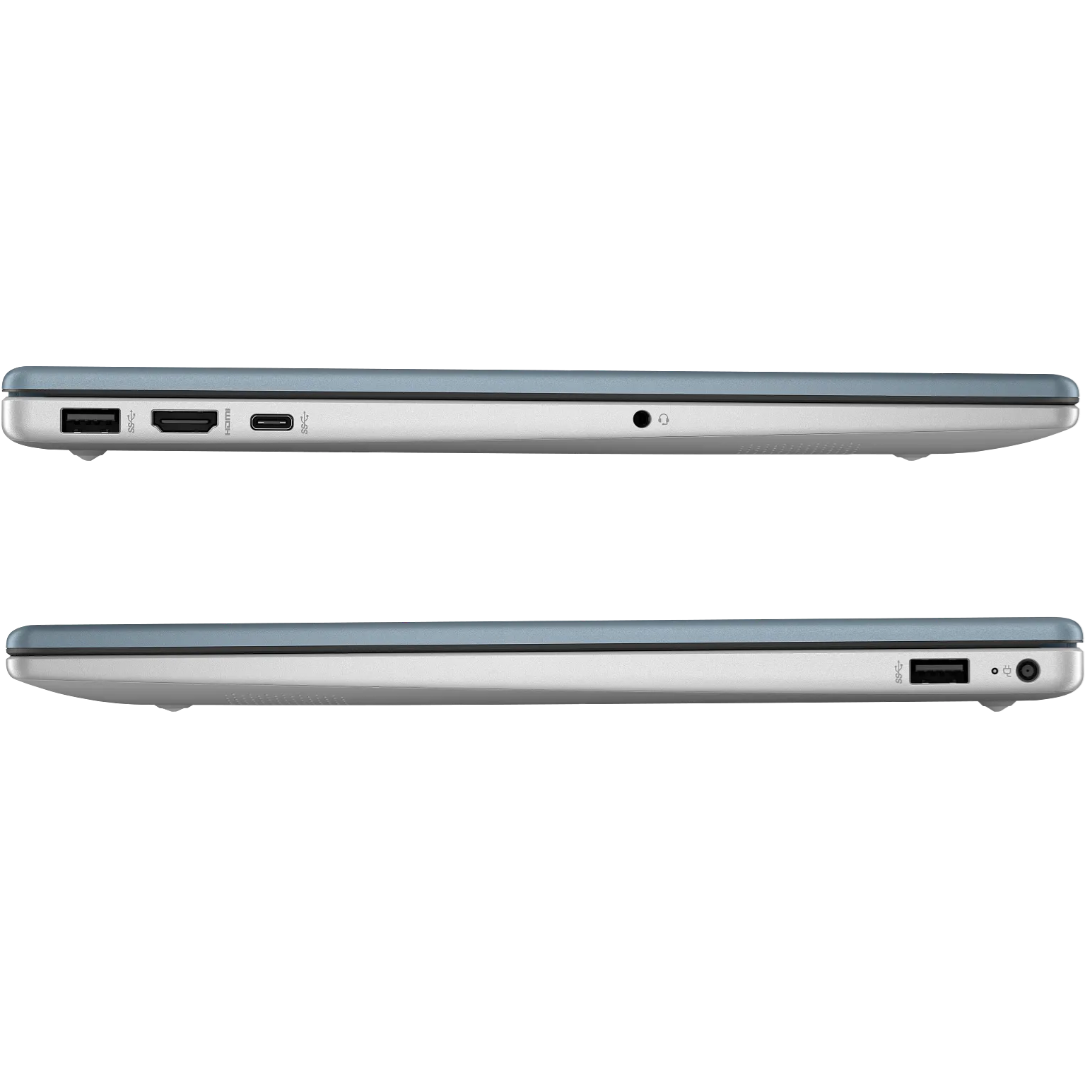 Side profile views showing the laptop's I/O port layout in Moonlight Blue, featuring USB Type-A ports, an HDMI output, a USB Type-C port, a headphone/microphone combo jack, and the power connector.