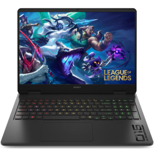 Direct front view of the HP OMEN 16 gaming laptop open, featuring a centered screen display, slim side bezels, integrated webcam, 4-zone RGB keyboard, and full number pad layout.