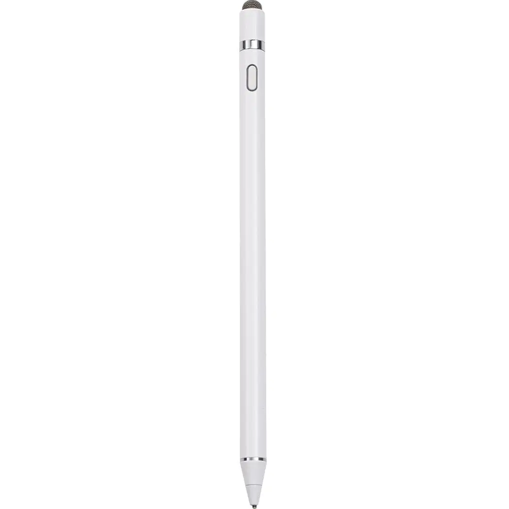 Straight vertical view highlighting the cylindrical body of the stylus, power switch placement near the top, and dual-tip configuration.