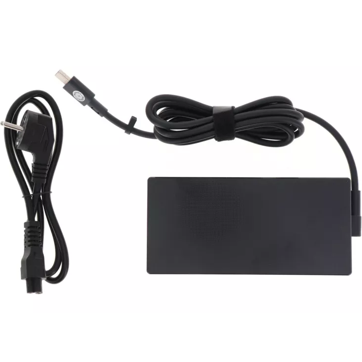 Complete power adapter kit displaying the rectangular power brick with integrated DC cable, slim rectangular connector plug, and a detachable EU C13 power cord.