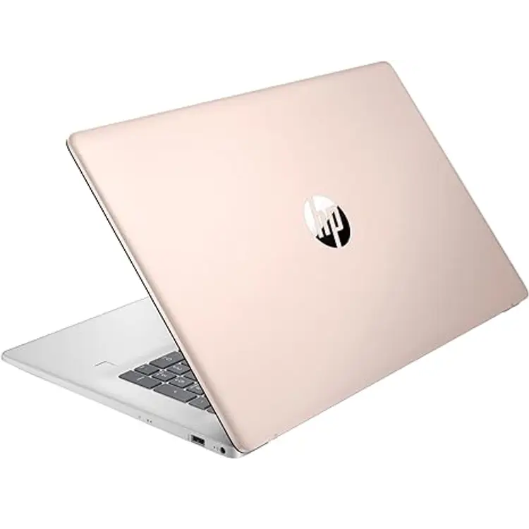 HP Laptop 17T-CN4000, Core 7-150U, 16GB, 512GB nvme, 17.3 inch FHD, Windows 11 – Rose Gold Rear 3/4 perspective view of the HP laptop showing the smooth Rose Gold outer lid accented with a reflective chrome HP logo in the center.