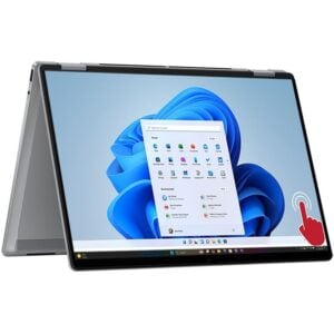 Front view of the HP OmniBook Ultra Flip 14 x360 convertible laptop in tent mode with touchscreen display active.