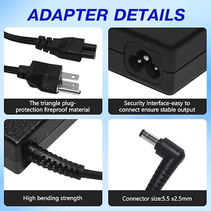 Detailed breakdown showing the 3-pin cloverleaf power inlet, reinforced strain relief boot, right-angle barrel plug, and standard AC wall plug.