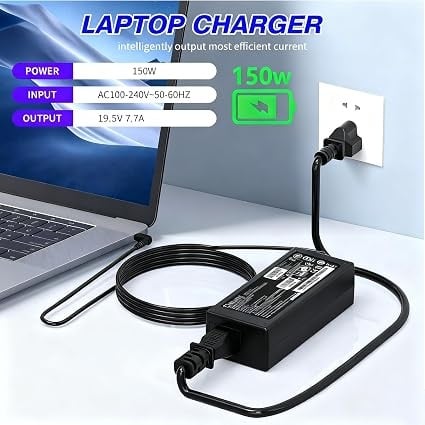 Usage graphic illustrating the adapter connected to a laptop, detailing power specifications including 150W output (19.5V, 7.7A) and universal 100–240V AC input.