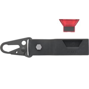 Overview of the ROG Keystone component alongside its black key carrier strap featuring a carabiner clip and custom ROG debossing.