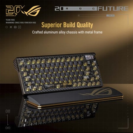 An promotional graphic for the ASUS ROG Azoth Extreme Edition 20 gaming keyboard featuring the headline "Superior Build Quality" and subtitle "Crafted aluminum alloy chassis with metal frame". The black-and-gold 75% mechanical keyboard rests above its matching magnetic wrist rest on a reflective surface, highlighting its translucent keycaps and golden backlighting.