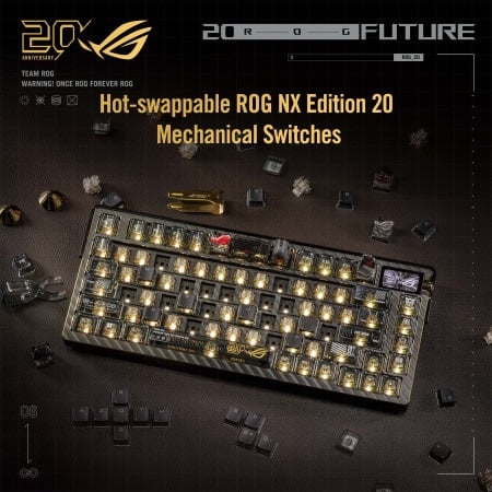 Top-down view of the ROG Azoth Extreme Edition 20 keyboard assembly with keycaps removed to show the hot-swappable ROG NX Edition 20 mechanical switches and keycap puller accessories.