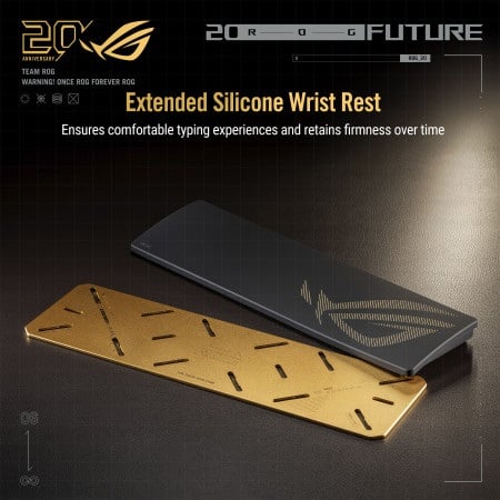 Product shot of the black extended silicone wrist rest alongside its gold-finished alloy baseplate with ROG branding for the Azoth Extreme Edition 20.
