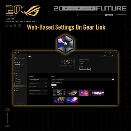 Infographic detailing the web-based Gear Link software interface for configuring OLED animations and keyboard settings on the ASUS ROG Azoth Extreme Edition 20.