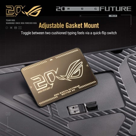 Close-up view of the adjustable gasket mount mechanism on the ROG Azoth Extreme Edition 20, displaying the gold 20th Anniversary badge on the rear cover.