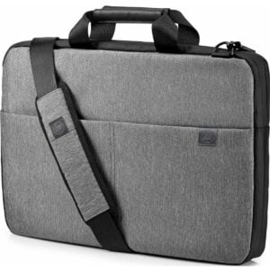 Full front view displaying the grey heathered finish, front slip storage pocket with HP logo badge, top padded handles, and attached padded shoulder strap.