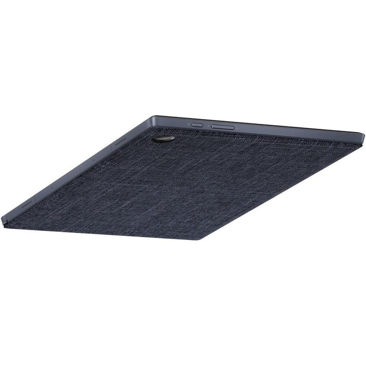 Bottom perspective view of the ASUS ExpertBook B3 tablet unit, showing its dark grey textured fabric rear cover, raised world-facing rear camera module, and side volume rocker buttons.