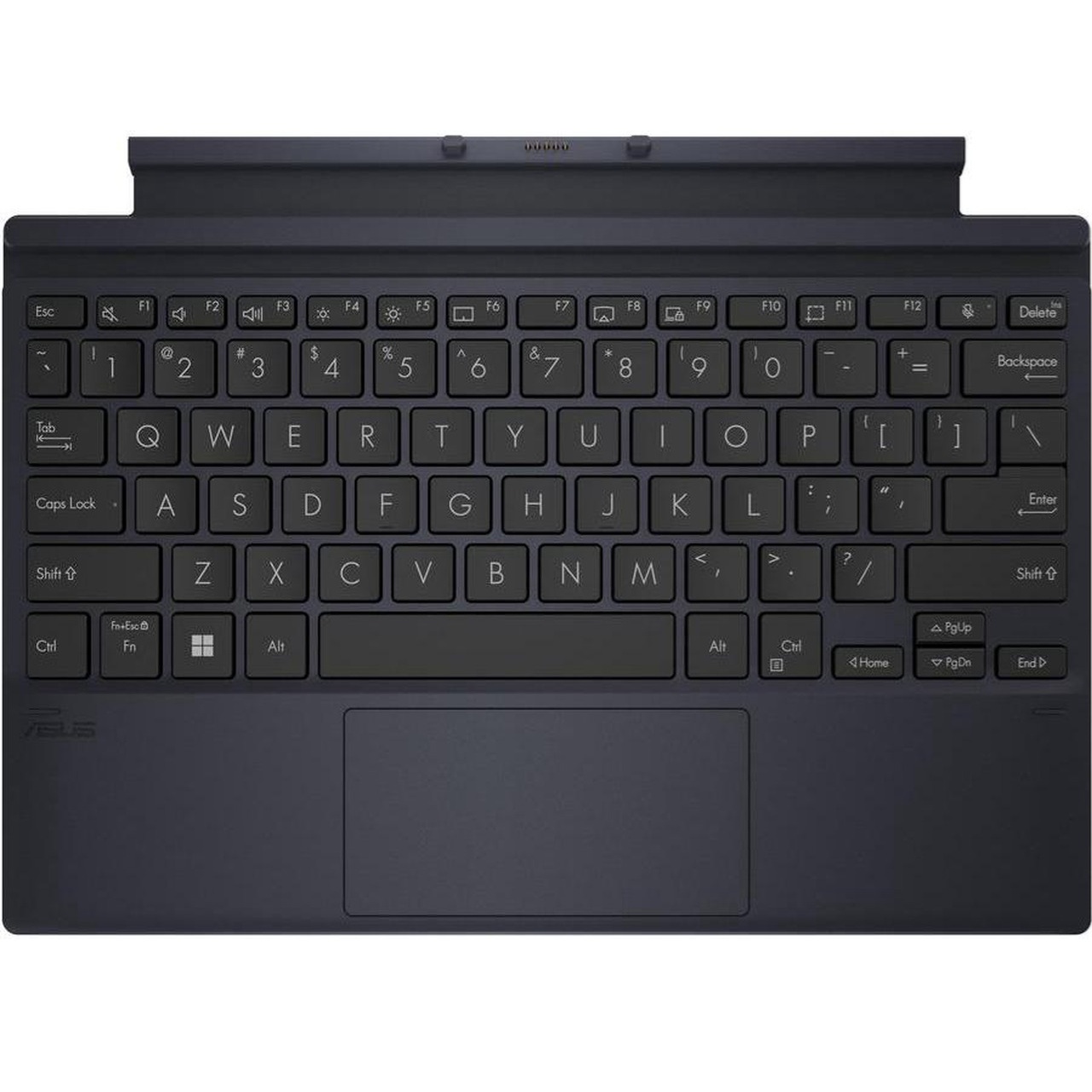 Overhead view of the detachable dark blue magnetic keyboard folio cover for the ASUS ExpertBook B3, featuring a full QWERTY key layout, function row, and integrated precision touchpad.