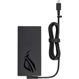 Top-down view of the 240W ASUS ROG power adapter featuring the embossed ROG logo, a neatly coiled DC cable secured with a hook-and-loop strap, and the specialized rectangular USB-style square power tip.