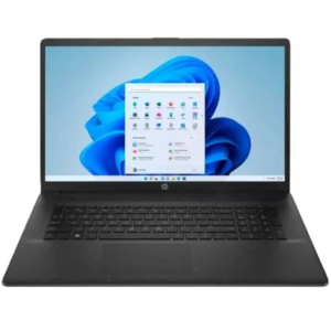Front-facing open view of the dark grey HP laptop displaying the Windows 11 desktop screen interface, full-sized keyboard, and trackpad.