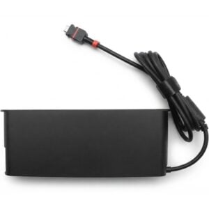 Studio view of the 265W Lenovo power adapter showing the main black brick with an attached DC output cable, a neatly secured strap, and a USB-C style connector featuring a red accent ring.